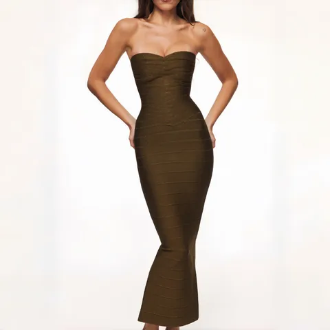 Women Elegant Sparkly Olive Green Bandage Maxi Dress Formal Off-Shoulder Heart Neckline Sculpting Evening Gown Banquet Party
