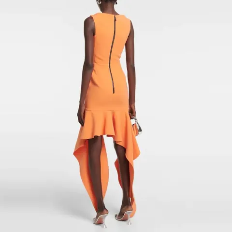 Abito Maxi in Maglia Arancione Irregolare in Stile Francese per Donna Senza Maniche con Orlo Alto Basso Volant per Vacanze e Feste Abito Elegante in Poliestere a Vita Alta