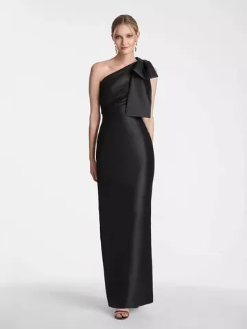 Elegante Vestido de Noche Negro de Un Hombro Con Detalle de Lazo Grande Poliéster Spandex Vestido Maxi Ajustado para Mujer Fiesta Boda