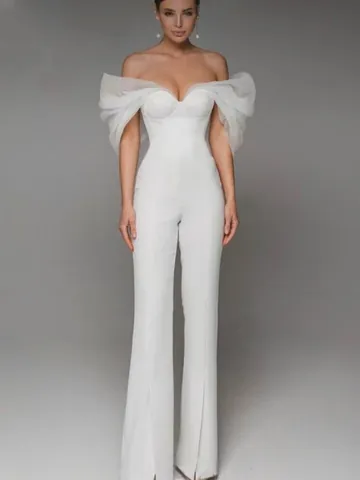 Women Off Shoulder Jumpsuit Elegant Organza Puff Sleeve Bandage Bodycon Wide Leg Romper Sophisticated Summer Evening Party Jumpsuit