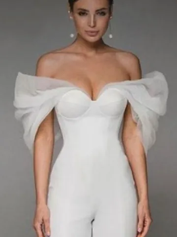 Women Off Shoulder Jumpsuit Elegant Organza Puff Sleeve Bandage Bodycon Wide Leg Romper Sophisticated Summer Evening Party Jumpsuit