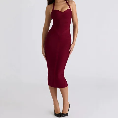 Women Halter Sweetheart Neckline Bandage Midi Dress Elegant Bodycon Waist Tightening Bodycon Evening Party Midi Dress