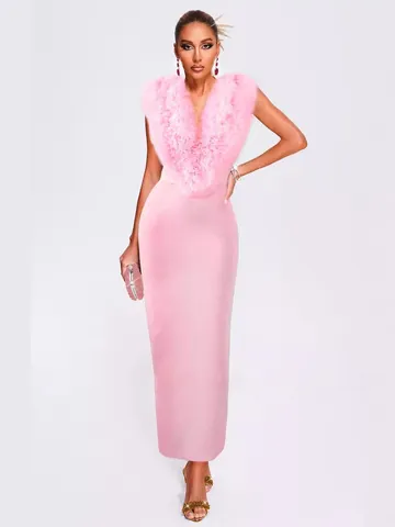 Elegant Polyester Mesh Flower Bandage Maxi Dress Women V Neck Sleeveless Bodycon Evening Gown Wedding Banquet Party Long Dress