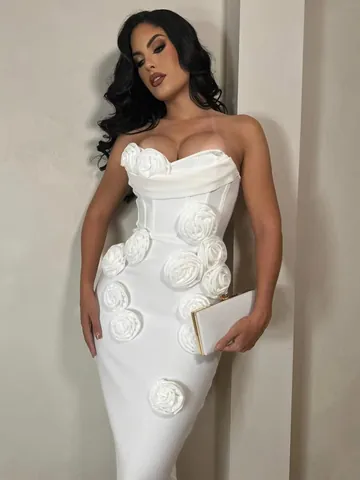 French Style Luxury Strapless Maxi Evening Gown With 3D Floral Decoration Patchwork Bodycon Dress For Wedding Party Women Banquet Birthday Dress