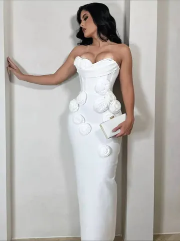 French Style Luxury Strapless Maxi Evening Gown With 3D Floral Decoration Patchwork Bodycon Dress For Wedding Party Women Banquet Birthday Dress