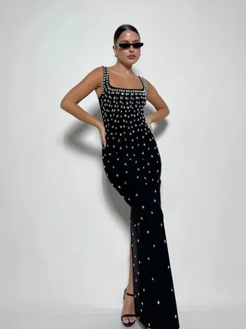 Women's Luxury Rhinestone Bandage Maxi Dress Square Neck Sleeveless Slim Fit Party Evening Bodycon Floor Length Gown