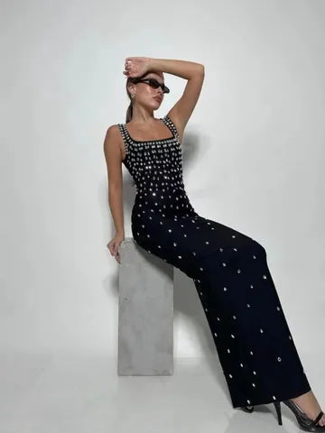 Women's Luxury Rhinestone Bandage Maxi Dress Square Neck Sleeveless Slim Fit Party Evening Bodycon Floor Length Gown