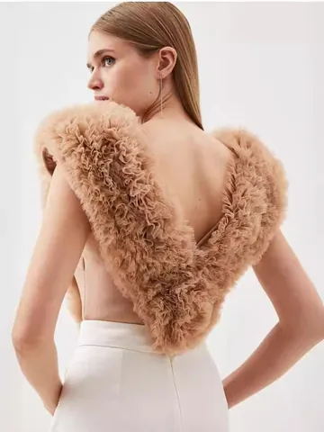 Eleganter Damen V-Ausschnitt Tüll Patchwork Bodysuit Maillard Stil Slim Fit Netz Ärmelloses Top Mode Temperament Pendler Kleidung