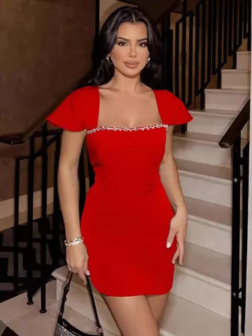 Elegant French Rhinestone Bandage Dress Women Square Neck Sleeveless Slim Fit Mini Bodycon Party Evening Dress Red Black Pink