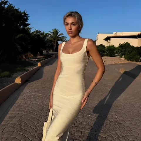 Damen Sexy U Ausschnitt Bandage Kleid Glänzend Breiter Träger Bodycon Midi Kleid Elegant Party Club Night Out Enges Kleid