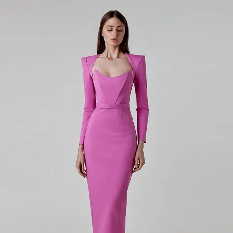 Hepburn Style Square Neck Shoulder Pad Long Sleeve Bodycon Bandage Midi Dress For Women Elegant Slimming Patchwork Party Dress