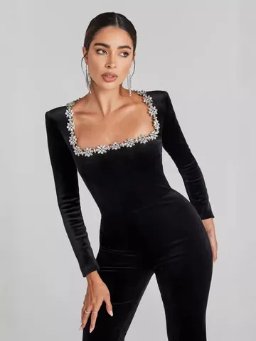 Elegant Women Square Neck Rhinestone Long Sleeve Jumpsuit Flare Leg Polyester Slim Fit Luxury Jumpsuit For Party Autumn