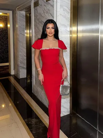 French Rhinestone Bandage Dress Elegant Square Neck Sleeveless Floor Length Evening Gown Christmas Party Bodycon Dress