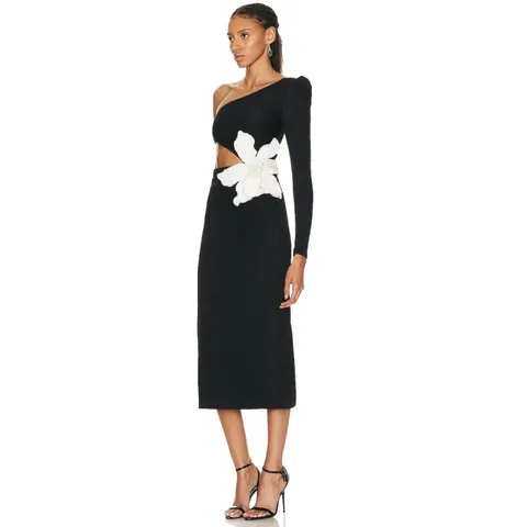 Elegant One Shoulder Midi Dress For Women Sexy Cut-out Waist 3D Flower Applique Bodycon Bandage Dress Luxury Evening Party Gown