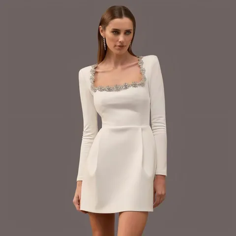 Women French Square Neck Rhinestone Bandage Dress Long Sleeve High Bodycon Elegant Autumn Winter Evening Party Mini Dress