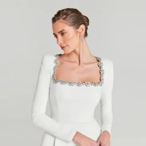 Women French Square Neck Rhinestone Bandage Dress Long Sleeve High Bodycon Elegant Autumn Winter Evening Party Mini Dress