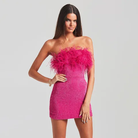 Women Sexy Tube Top Sequined Bodycon Dress Ostrich Feather Fringe Backless Mini Party Dress Top And Bottom Elegant Gown