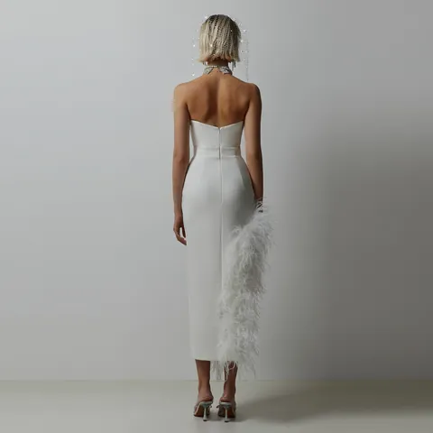 French Celebrity Style Ostrich Feather Trim Tube Top High Slit Evening Dress Elegant Slim Fit Long Gown For Women Party Banquet