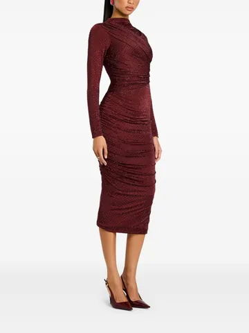 Elegante Vestido de Noche de Mujer con Diamantes de Imitación Vestido Midi Ajustado con Pliegues Manga Larga Abertura Posterior Cuello Alto Banquete