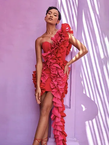 Vestido Ajustado Sexy de Un Hombro para Mujer Elegante Color Block con Volantes Vestido Corto de Cóctel Fiesta Cintura Alta Sin Mangas