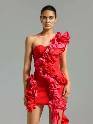Vestido Ajustado Sexy de Un Hombro para Mujer Elegante Color Block con Volantes Vestido Corto de Cóctel Fiesta Cintura Alta Sin Mangas
