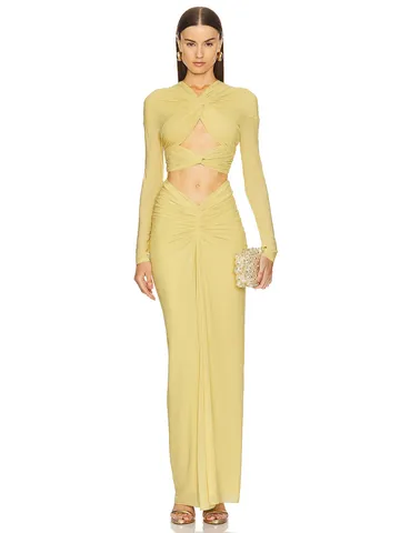 Mujer Sexy Nudo Retorcido Recorte Superior e Inferior Manga Larga Ajustado Falda Maxi Fruncida Fiesta Banquete Ropa Formal