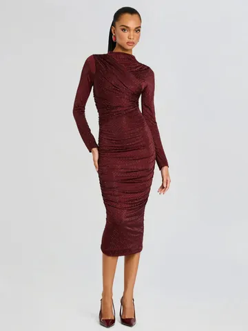 Elegante Vestido de Noche de Mujer con Diamantes de Imitación Vestido Midi Ajustado con Pliegues Manga Larga Abertura Posterior Cuello Alto Banquete
