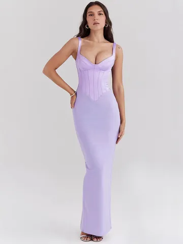 Vestido Largo Sexy para Mujer con Cuello en V y Espalda Descubierta Corsé Lavanda Satén Tirantes Finos Abertura Alta Vestido de Fiesta