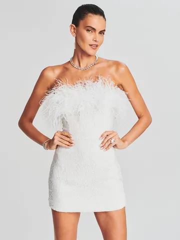 Vestido Mini Bodycon Sexy Sin Tirantes para Mujer con Plumas de Avestruz y Lentejuelas Elegante Espalda Descubierta para Fiesta Vestido Mini de Poliéster