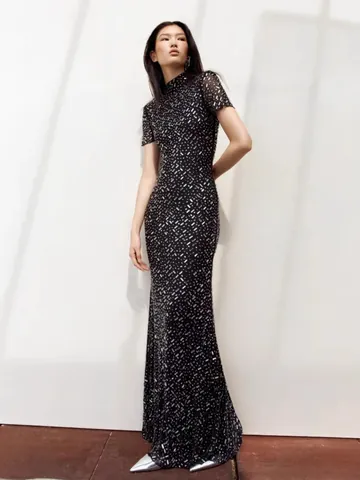 Women Sexy Rhinestone Evening Dress Elegant Round Neck Short Sleeve Bodycon Fishtail Maxi Dress High Waist Banquet Party Clubwear