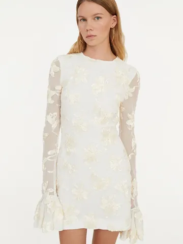 Women Sexy White Lace Embroidery Long Sleeve Dress Slim Fit Floral 3D Applique Mini Dress For Banquet Party Elegant Gown