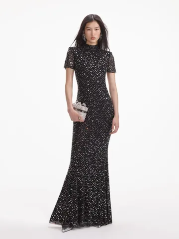 Women Sexy Rhinestone Evening Dress Elegant Round Neck Short Sleeve Bodycon Fishtail Maxi Dress High Waist Banquet Party Clubwear