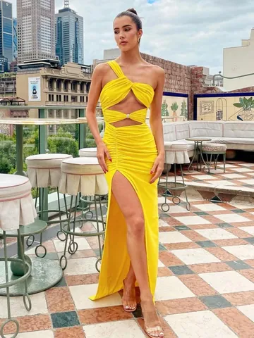 Women Sexy One Shoulder Ruched Maxi Dress Cut Out Knot Front High Slit Party Evening Gown Bodycon Formal Wedding Guest Dress