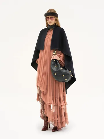 Women Sexy Sheer Pleated Long Sleeve Dress Stand Collar Ruffle Hem Caramel Evening Party Bodycon Maxi Dress For Banquet