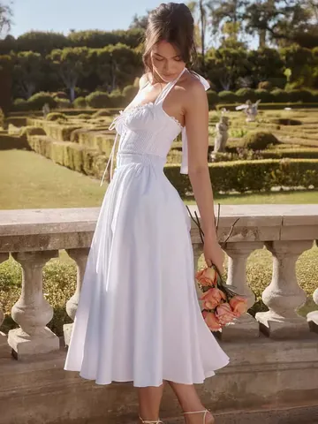 Vestido Largo Largo de Flores Sexy con Cuello Halter para Mujer Sin Espalda Cintura Fruncida Corte en A Vestido de Fiesta de Vacaciones Elegante Sin Mangas