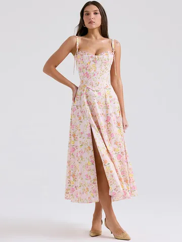 Conjunto de Dos Piezas Sexy para Mujer Top de Corsé con Espina de Pescado y Falda Midi con Abertura Vestido de Fiesta Bodycon