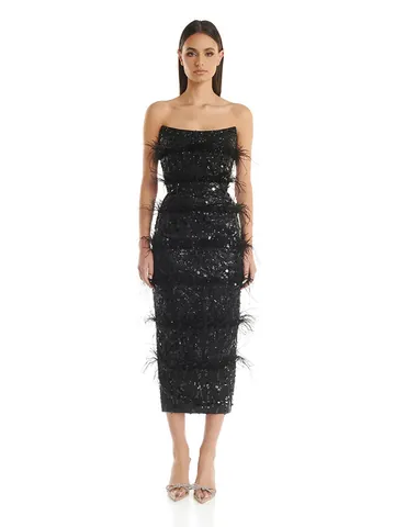 Women Sequin Strapless Evening Dress With Ostrich Feather Slim Fit Bodycon Party Gown Elegant Black Special Occasion Wear