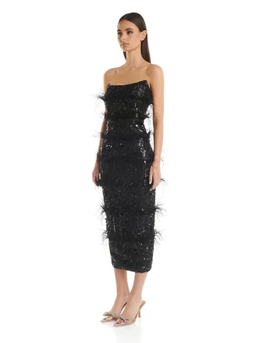 Women Sequin Strapless Evening Dress With Ostrich Feather Slim Fit Bodycon Party Gown Elegant Black Special Occasion Wear