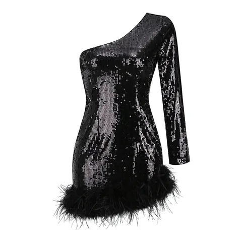 Sexy One Shoulder Sequin Mini Dress With Feather Patchwork Black Long Sleeve Bodycon Party Evening Formal Dress For Women
