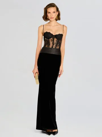 Sexy Black Lace Hollow Out Cami Maxi Dress Women Bodycon Evening Party Dress High Waist Sleeveless Fish Tail Backless Robe