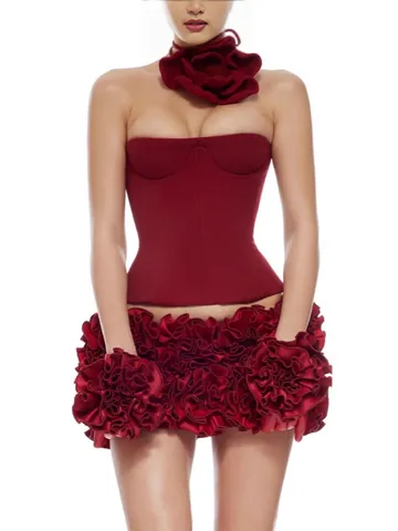 Conjunto Sexy de Top Palabra de Honor y Minigolda de Globo Floral Atuendo Elegante de Poliéster para Fiesta
