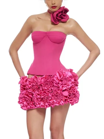 Conjunto Sexy de Top Palabra de Honor y Minigolda de Globo Floral Atuendo Elegante de Poliéster para Fiesta