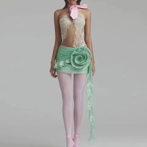 Sexy Sequin Hollow Out Halter Mini Dress For Women Elegant 3D Flower Bow Bodycon Banquet Evening Gown Polyester Party Dress