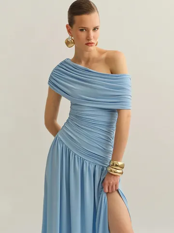 Vestido Maxi Sexy de Un Hombro Fruncido para Mujer Elegante Ajustado Sin Mangas Abertura Alta Vestido de Noche de Poliéster