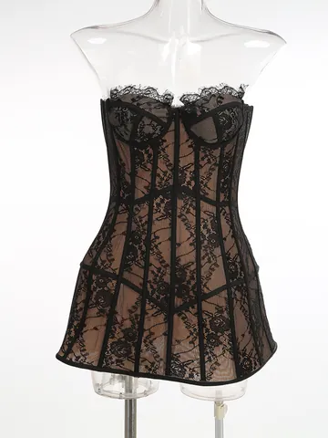 Women Sexy Off-the-Shoulder Mesh Lace Dress Elegant Slim Fit Bodycon Cocktail Party Mini Dress With Boning Support Black