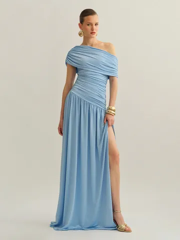 Vestido Maxi Sexy de Un Hombro Fruncido para Mujer Elegante Ajustado Sin Mangas Abertura Alta Vestido de Noche de Poliéster