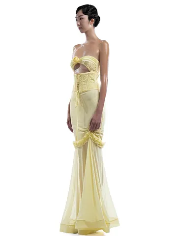 Vestido Largo Palabra de Honor para Mujer Sexy Corsé con Cordones Patchwork Floral Malla Transparente Vestido Formal de Noche Boda Amarillo