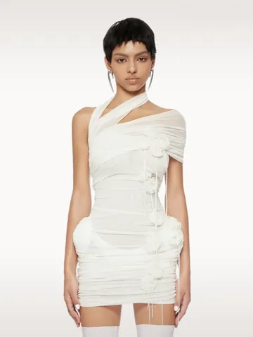 Vestido Mini Sexy para Mujer con Cuello Halter Hombros Descubiertos de Malla Fruncido Ajustado con Decoración Floral 3D Elegante Vestido de Fiesta Blanco