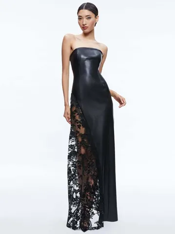 Women Sexy Strapless PU Leather Midi Dress Lace Patchwork Slim Fit Party Banquet Nightclub Bodycon Pencil Dress