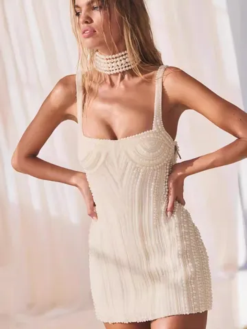 Dames Sexy Parel Bodycon Slip Dress Rugloos High End Avondfeest Mini Jurk Elegant Clubwear Bruiloft Gast Jurk Wit